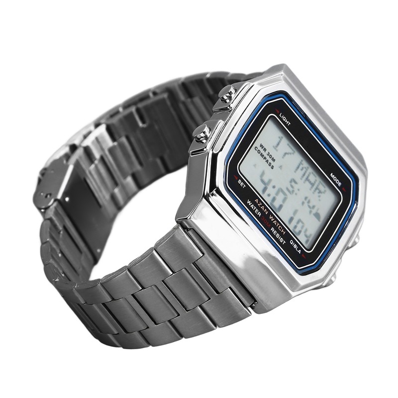 Men Muslim Digital Watch Prayer Reminder Strainless Streel Strap Waterproof