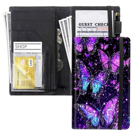 DHYYDSQZ Server Book for Waitress 9 x 5" PU Leather Waiter Book Organizer with Zipper Money Pocket Serving Book Restaurant Guest Check Book Pen Holder Wallet Fit Server Aprons,Purple Butterflies