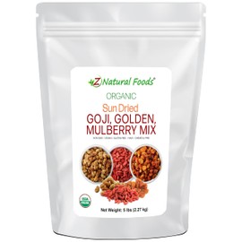 Sun Dried Organic 3 Berry Mix - Goji Berries, Golden Berry White Mulberry - Unsweetened No Sugar Added - Three Delicious Exotic Superfoods For Snacks Recipes - Raw Gluten Free - Bulk 5 lb Size