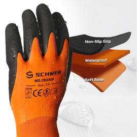 Schwer 2 Pairs Waterproof Work Gloves for Men and Women CR3306, Gardening Gloves with Double Latex Coated, Non-slip Working Gloves, Outdoor Construction, Car and Fish Cleaning, No Fleece Lining, S