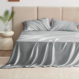 Love's cabin Satin Queen Sheets Set - 4 Piece Silver Silky Bed Sheets with Deep Pocket, Luxury Silk Feel Satin Queen Size Sheet Set (1 Flat Sheet,1 Fitted Sheet,2 Pillow Cases)
