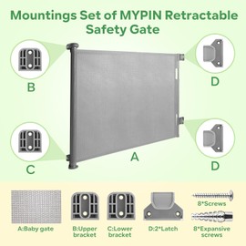 Retractable Baby Gate Replacement Parts Kit, Pet Gate Full Set Wall Mounting Hardware with Brackets Anchors and Screws(Grey)