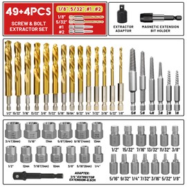 UYECOVE 53Pcs Screw Bolt Extractor Set, Left Hand Drill Bit Set 6542/4341 HSS, Easy Out Bolt Extractor Set with Hex Adapter, Stripped Bolt Remover for Broken Rusted Nuts Screws, Bolts, Studs