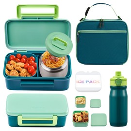 MAISON HUIS Kids Bento Box Set - Includes 8oz Soup Thermo, Insulated Lunch Bag & 17oz Stainless Steel Water Bottle, 2-Compartment Bento Box with Built-In Ice Pack, Leak-Proof & BPA-Free(Green)