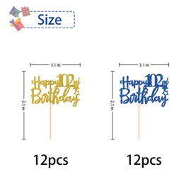 RoadSea Happy 102nd Birthday Cupcake Toppers - Women Men 102 Years Old Birthday Cupcake Supplies - 102nd Birthday Party Decorations - 24 PCS Blue & Gold Glitter (102nd)