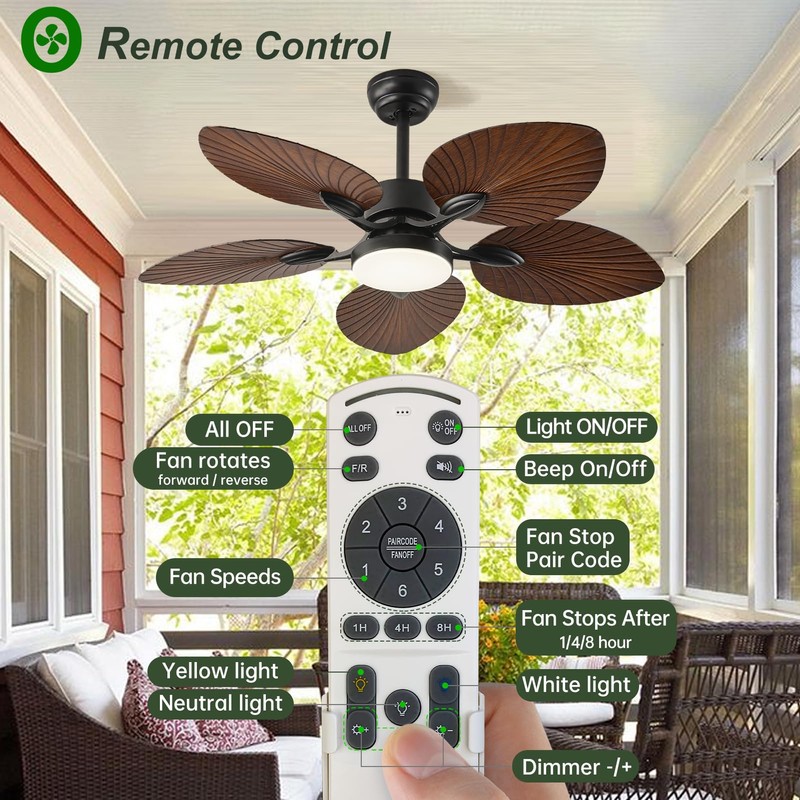 Tropical Ceiling Fan with Light & Remote - 42-Inch Palm