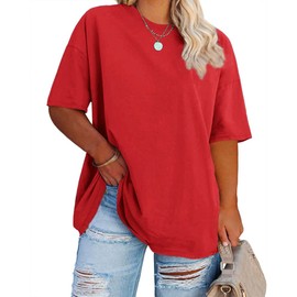 Fisoew Womens Plus Size T-Shirts Summer Oversized Half Sleeve Crew Neck Tunic Tops Tees Red