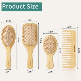 DEBETOOL Bamboo Hair Brush Set, Natural Wooden Bamboo Comb Paddle Detangling Hairbrush for Hair Growth - Wide-tooth and Tail Comb Suitable for Thick/Thin/Curly/Dry Hair