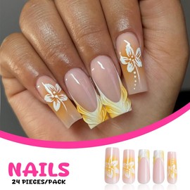 French Tip Press On Nails Long Square Coffin Fake Nails With Design Glossy Acrylic False Nails Glue on Nails Full Cover Thick Stick on Nails for Women Girls 24Pcs GZ-10-97