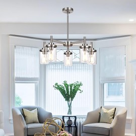 QueeuQ 5 Lights Brushed Nickel Pendant Light Fixtures, Modern Dining Room Chandelier Ceiling Hanging Lights, Kitchen Pendent Lights Over Table with Clear Glass Shades for Foyer Hallway