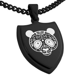 Tioneer Black Stainless Steel Day of the Dead Sugar Skull Panda Shield Pendant Necklace