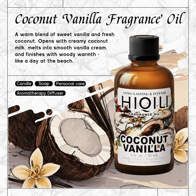 HIQILI Coconut Vanilla Fragrance Oil - for Candle Making, Soap