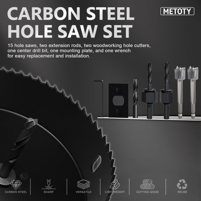 METOTY 22PCS Hole Saw Set - High Carbon Steel 19-152mm（3/4"
