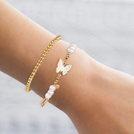 MOLUONAQI Gold Bracelet Stack Bracelets For Women Trendy Natural Stone Beaded Bracelets Stackable Bracelets For Women 14k Gold Plated Stretch Bead Ball Bracelet