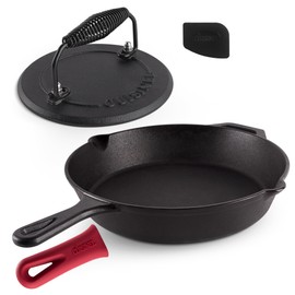 Cast Iron Skillet + Grill Press + Scraper Set - 12"-inch Pre-Seasoned Frying Pan + Silicone Handle Grip - 7" Round Burger Smasher - Indoor/Outdoor, Stove, Oven, Grill, Induction Kitchen Cookware