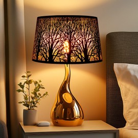 Metal Lampshade, Large Lamp Shade for Table Floor Lamps, (12×8)'' Top×(14×10.5)'' Bottom×8.5" Height Oval Shade, Etched Forest Gothic Style Replacement Lamp Shade(Spider), Black Gold