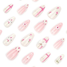 24 Pcs Pink Press on Nails Short Almond Nail Tips,YEFIUO Acrylic Nail Kit Fake Nails Press ons Glue on Nails Full Cover Fall Artificial French False Nails Cute Strawberry Nail Art Design for Women