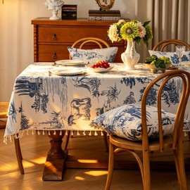 Retro Blue White Toile De Jouy Printed Rectangular Tablecloth, Premium Cotton Linen Table Cover with Complete Edge Tassels for French Country Kitchen Decor 60x86 Inches