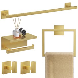 TQKAG 5-Pieces Brushed Gold Bathroom Hardware Accessories Set 23.6" SUS304 Stainless Steel Towel Bar Set Wall Mounted Square Toilet Paper Holder with Shelf