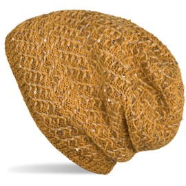 styleBREAKER Women's Knitted Beanie Hat with Sequins and Thermal Fleece Lining, Winter Slouch Beanie 04024168, Colour: Curry