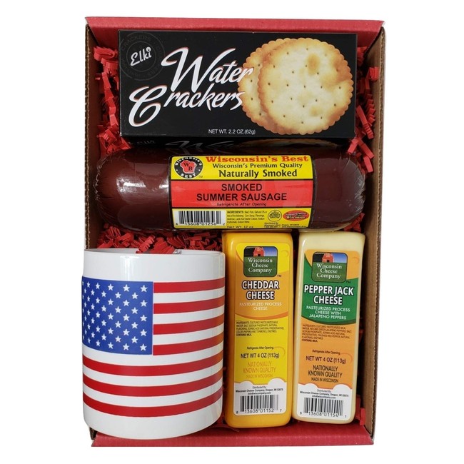 Wisconsin Cheese, Sausage & Crackers USA Gift Basket - features a USA Flag Mug, Wisconsin Cheeses, ORIGINAL Summer Sausage & Water Crackers. Best Gifts to Send..