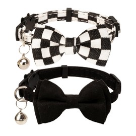 Gyapet Collar for Cats Pets Breakaway with Bell Bowtie Floral Bow Detachable Adjustable Safety Puppy 2pcs Plaid & Solid-Black