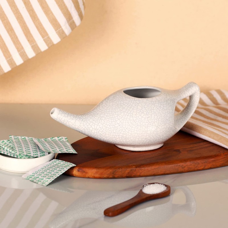 HealthGoodsIn Ceramic Neti Pot with Salt, Dishwasher Friendly, with 2