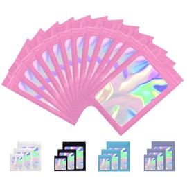 Rimiko Pack of 100 Ziplock Bags, Aluminium Foil with Zip and Transparent Window, Zip Films Mylar Bag, Resealable Bag (Pink Holographic, 7 x 10 cm)
