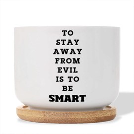 DecStic to Stay Away from is to Be Smart Planter Ceramic Family Quote Round Plant Pots with Drainage Holes and Bamboo Tray Pot for Home Office Decoration