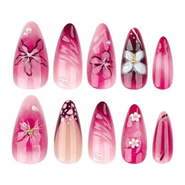 Press on Nails Medium Almond Fake Nails French Tips with 3D Flower Design Full Cover Glossy Glue on Nails Acrylic False Nails for Women Girls 24 Pcs (Pink-37, Nails-37)