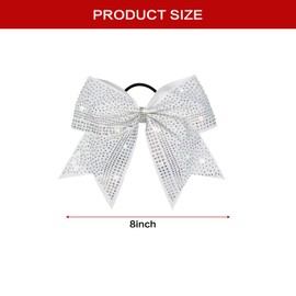 8" Large Glitter Cheer Bows,Rhinestones Cheer Hair Bow, Cheerleading Bow with Ponytail Holders,Colorful Shimmer Shiny Hair Tie,Elastic Hair Band for Cheerleaders College Sports (White)