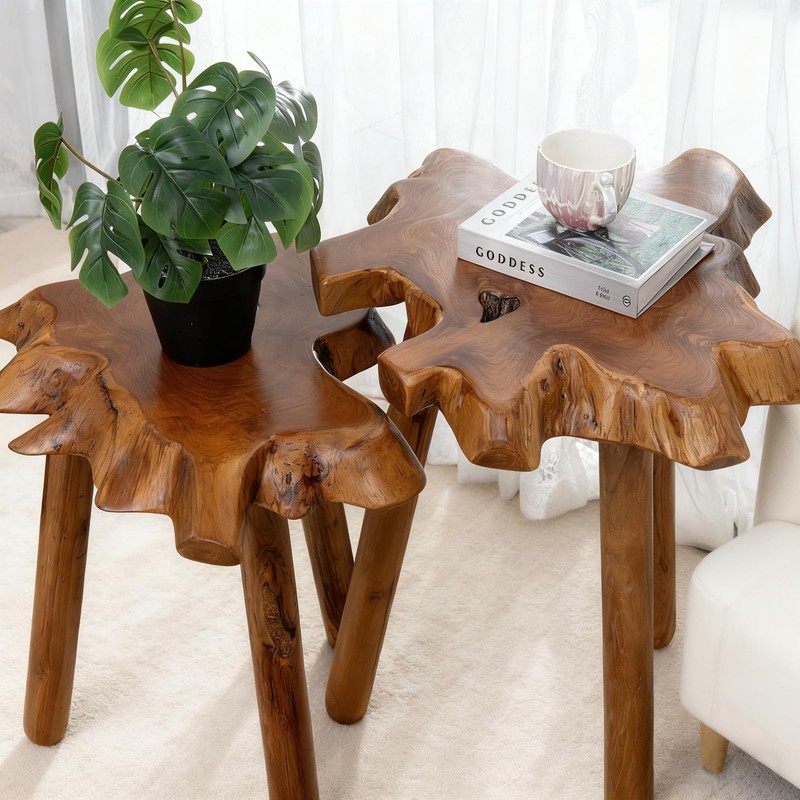 JOLLYMER Natural Teak Wood Live Edge Side Table with Wood