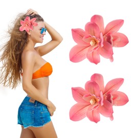2 Pcs Hawaiian Flower Hair Clips, Orchid Hair Clip, Hawaiian Tropical Flower Hairs Clip, Hawaii Flowers Hairs Clips, Colorful Hawaii Hibiscus Flowers for Women and Girls (red)