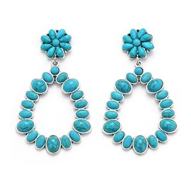 Flyonce Blue Turquoise Earrings, Summer Boho Vintage Cowgirl Country Concho Floral Oval Hoop Dangle Earrings Western Jewelry for Women Costume Jewelry