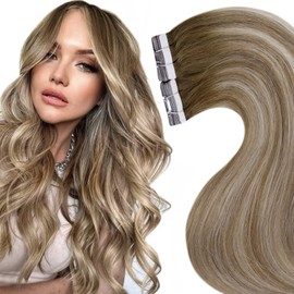 LaaVoo Tape in Human Hair Extensions for Women Medium Brown to Platinum Blonde Ombre Tape in Human Hair Extensions Balayage Invisible Tape in Extensions Real Human Hair Skin Weft 14Inch 20PCS 50G