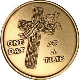 Cross One Day at A Time Bronze Medallion Serenity Prayer Chip