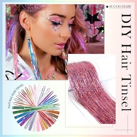 Kit de extensiones de cabello de oropel (16 colores, 4800 hebras, 48 pulgadas), kit de extensiones de cabello de oropel brillante de color metálico co