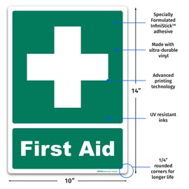 Brimar - 10" x 14" - First Aid Sign - 3.5 Mil InfiniStick™ Vinyl Label - Easy Installation - Versatile Application