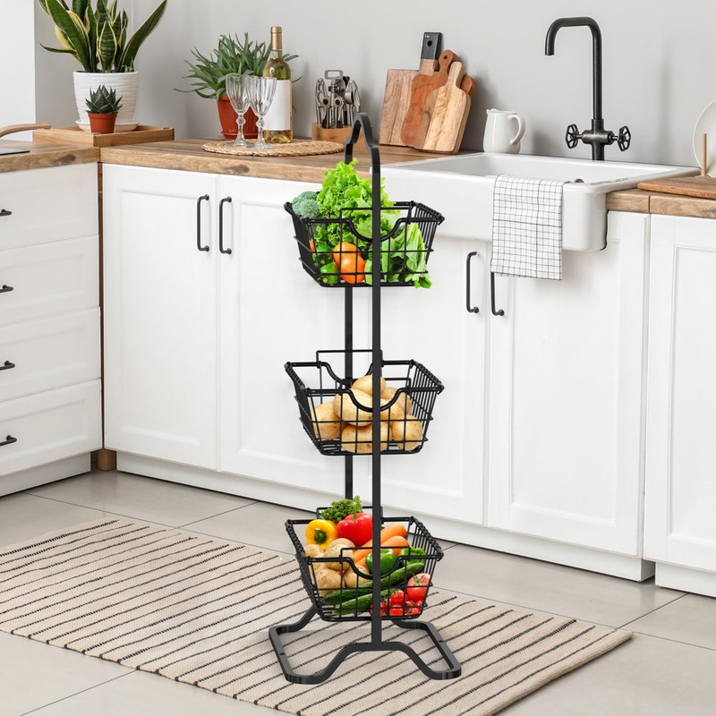 Simple Houseware 3-Tier Rigid Wire Market Fruit Basket Stand, Black
