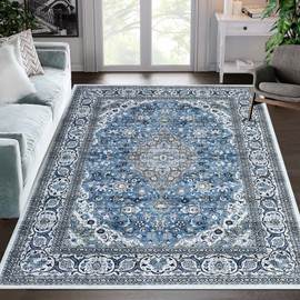 RUGSREAL Vintage 4x6 Medallion Floral Print Stain Water Resistant Washable Non-Shedding Indoor Rug, Blue