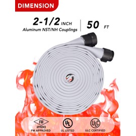 ZYfire Fire Hose - 2-1/2" ID x 50 FT Double Jacket EPDM Firefighter Hose with M x F NST/NH Aluminum Couplings 1200 PSI Burst Pressure Lightweight for Firefighting & Residential Use