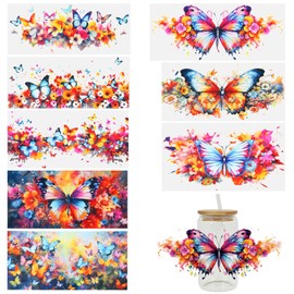 8 Sheets Butterfly Theme UV DTF Cup Wrap Transfer for Glass Rub on Transfers for Crafts Waterproof Transfer Stickers for 16oz Libbey Glass Cups