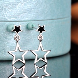 Yumilok 925 Sterling Silber Schwarz Epoxy Doppel Sterne Ohrstecker Ohrhänger Ohrringe Hypoallergen Ohrschmuck für Damen Mädchen