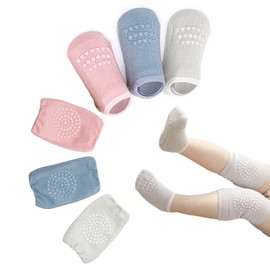 Baby Knee Pads for Crawling, 3 Pairs Non-Slip Socks Baby and 3 Pairs Knee Pads Baby Crawling Girls Boys with Non-Slip Nubs for Secure Hold Baby Crawling Aid for 0-24 Months, Blue, Grey, Pink