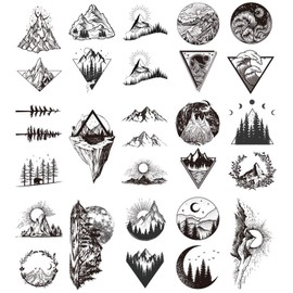 Ooopsiun 20 Sheets Black Mountain Temporary Tattoos for Adult Men Women, Waterproof Fake Tattoos Body Art Sticker for Hand Neck Wrist Arm