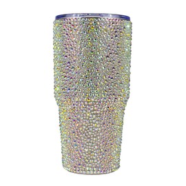 Strass Insulated Beverage Tumbler, Glass Rhinestones on Stainless Steel, Silver Iridescent, Sold Individually