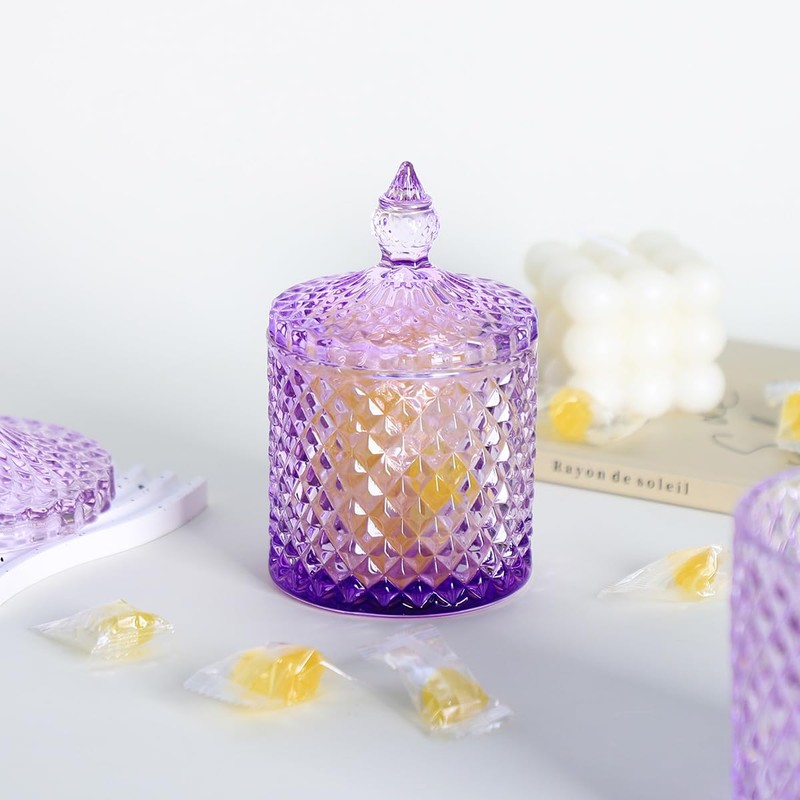 Sizikato Diamond Faceted Glass Candy Jar with Lid, 10oz Purple