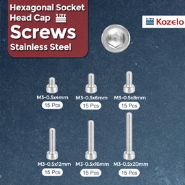Kozelo 90pcs M3 Socket Head Cap Screws Bolts Nuts Assortment Kit - [M3x4/6/8/12/16/20mm] 304 Stainless Steel Allen Socket Drive for 3D Printer