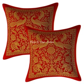 Stylo Culture Indian Brocade Sofa Couch Cushion Covers 30 x 30 cm Red Gold Elephant 12x12 Inch Jacquard Square Couch Lounge Peacock Throw Pillow Cases - (Set Of 2 Pcs)