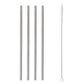 Typhoon PURE Set of 4 Steel Drinking Straws | Comfortable Rounded Tip | Long Reusable Metal Straws with Cleaning Brush | For Travel and Home Use | 215mm x 20mm